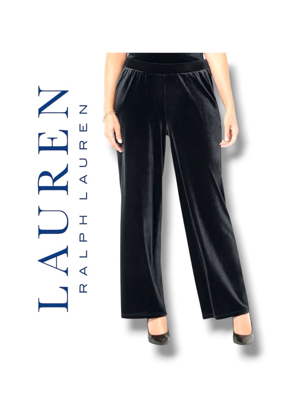 New Ralph Lauren Plus Size Wide Leg Luxury Black Velvet Pants Elastic Waist 2X